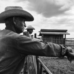 Two cowboys leaning on a fence