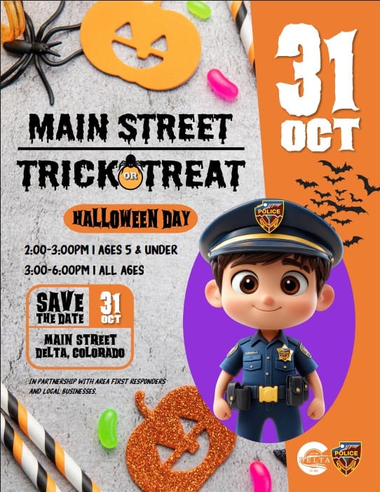 main Street Trick or treat Flier- Decorative cartoon police man. See adjacent event text for details