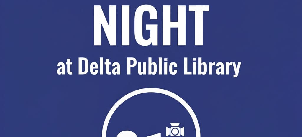 Graphic image with the text 'OPEN MIC NIGHT at Delta Public Library' over a dark blue background. The image includes icons for a speech bubble, a music note, and a spotlight, symbolizing poetry, music, and performance.