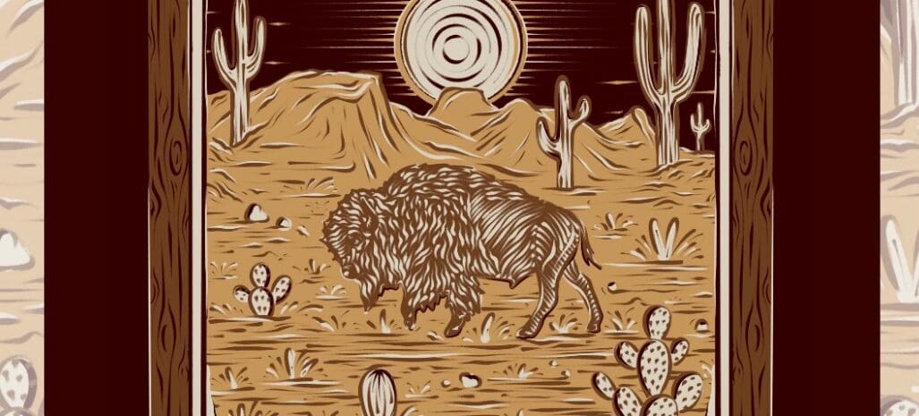 Concert poster for The Fretliners, presented by Pickin Productions. The artwork is in a vintage, woodblock-print style on a tan, textured background. The central image is framed by a rustic, carved wooden border and depicts a bison standing in a desert landscape with saguaro cacti, prickly pear cacti, and a rising sun with radiating beams. Text above the frame reads "At Pickin Productions Presented The Fretliners" in a decorative, vintage font. Below the frame, text reads "Fri. January 16 2026 winter tour PAONIA, CO". A circular logo in the bottom right corner identifies the venue as The Paradise Theatre in Paonia, CO.