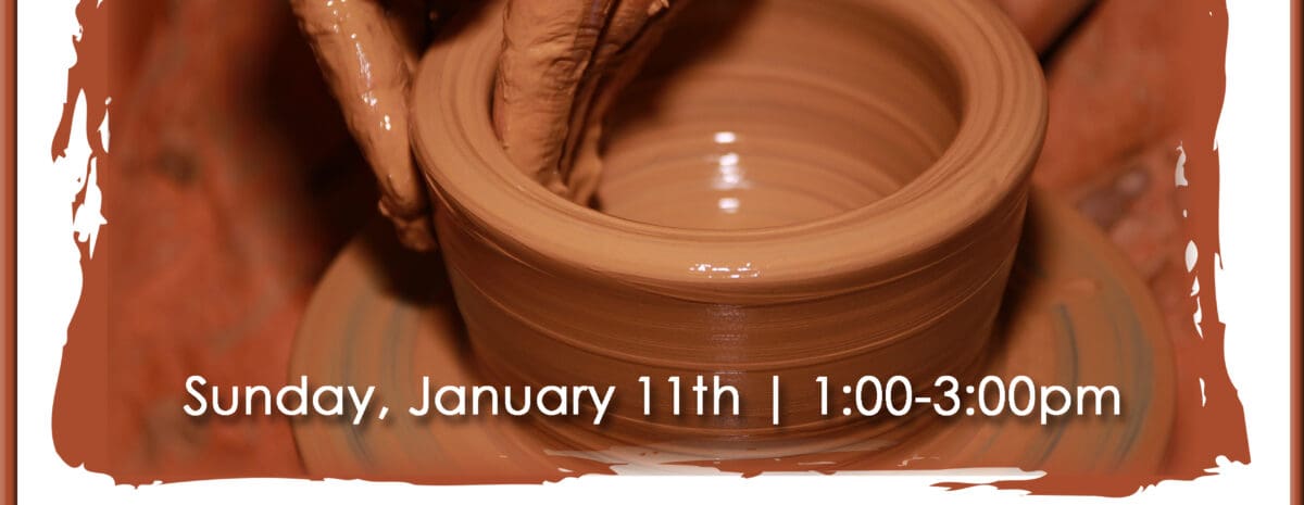 A promotional flyer for a pottery class titled "A Wheel Good Time: Introduction to the Pottery Wheel with Elizabeth Bonzani." The main image shows two hands, covered in wet, reddish-brown clay, centered over a spinning pottery wheel, shaping a wet clay vessel. The event is scheduled for Sunday, January 11th, from 1:00 PM to 3:00 PM. Pricing is $35 for Adults and $25 for ages 14-18. The text encourages viewers to "try throwing on the wheel" in the two-hour class where Elizabeth will demonstrate techniques. The event is held at the Grand Mesa Arts & Events Center in Cedaredge, CO. Contact information and website for registration are provided: 970-856-9195 and www.gmaec.org.