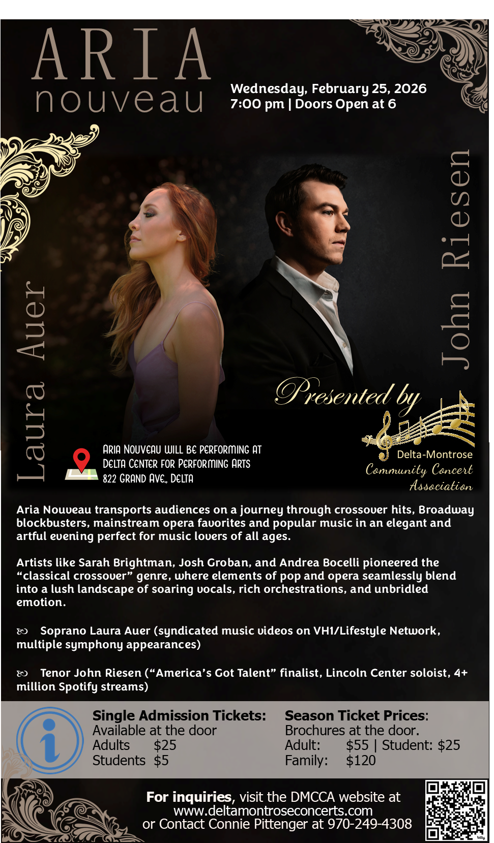 Event flier for "Aria Nouveau" featuring Soprano Laura Auer and Tenor John Riesen. The design features a dark, elegant background with gold filigree and a photo of the two performers. The event is presented by the Delta-Montrose Community Concert Association and will take place on Wednesday, February 25, 2026, at 7:00 pm at the Delta Center for Performing Arts. Ticket prices are listed as $25 for adults and $5 for students, available at the door. A QR code and contact information for Connie Pittenger at 970-249-4308 are provided for inquiries.
