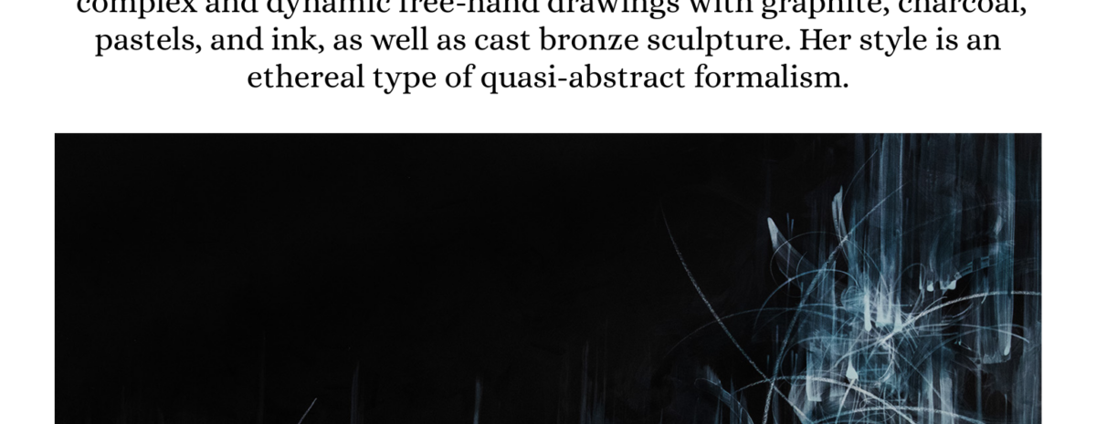Event flyer for the "Final Friday Art Opening" presented by The Blue Sage Center for the Arts. Event Details: Featured Artist: Brianna Martray. Date and Time: January 30 at 5:00 PM. Artistic Style: The exhibition features complex and dynamic free-hand drawings using graphite, charcoal, pastels, and ink, as well as cast bronze sculpture. The artist's style is described as an ethereal type of quasi-abstract formalism. Visuals: > The bottom half of the flyer displays a piece of Martray's artwork: a dark, moody, quasi-abstract composition with energetic, white and light blue circular scribbles and vertical strokes over a black background.