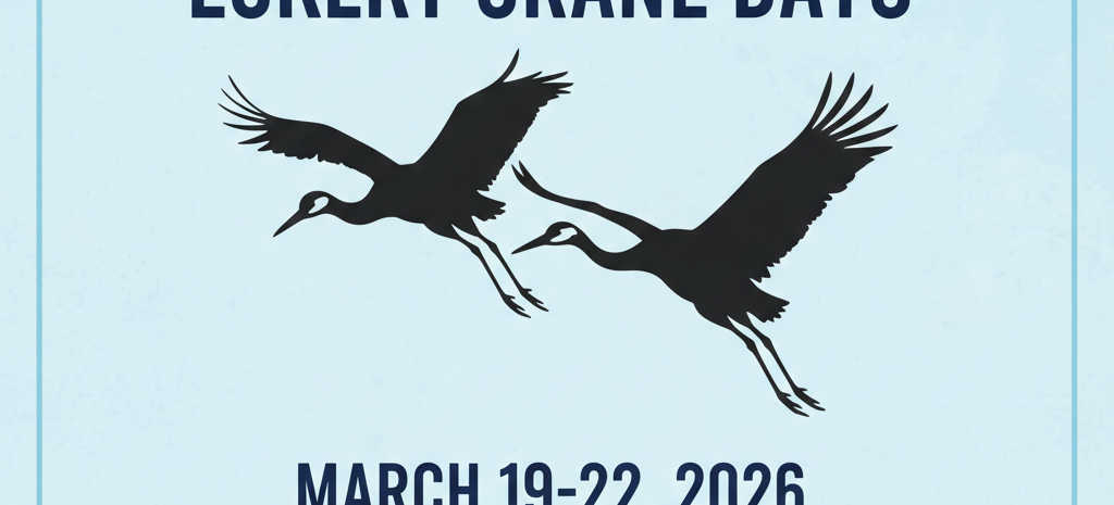 Promotional graphic for Eckert Crane Days 2026. The image features silhouettes of Sandhill Cranes in flight against a soft sunrise over Fruitgrowers Reservoir. Text clearly displays "Eckert Crane Days" and the dates "March 19 - 22, 2026."