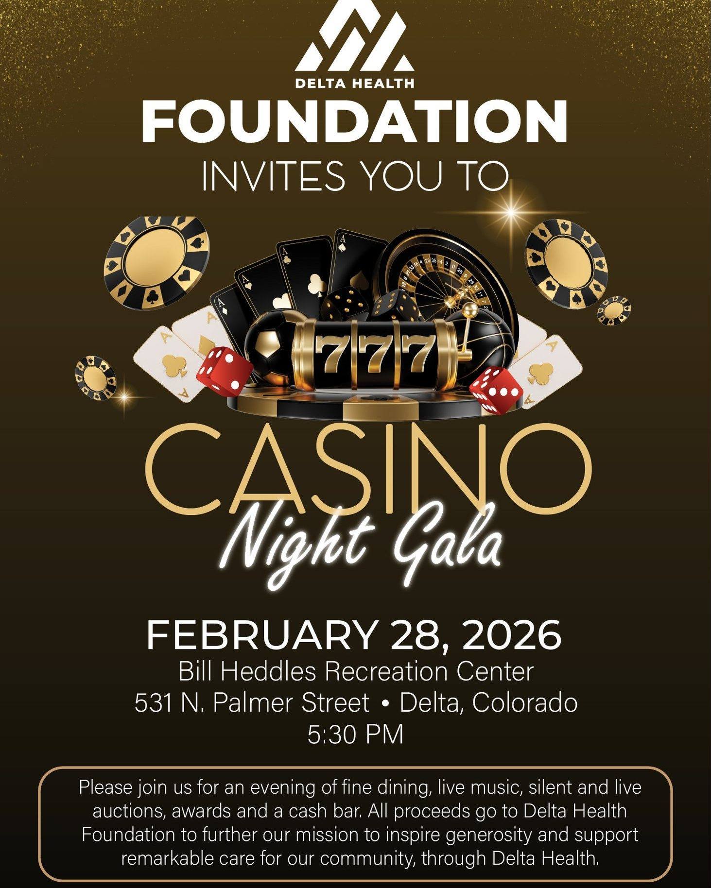 flyer invites guests to an evening of fine dining, live music, silent and live auctions, awards, and a cash bar. All proceeds go to the Delta Health Foundation to further their mission of inspiring generosity and supporting care for the community through Delta Health