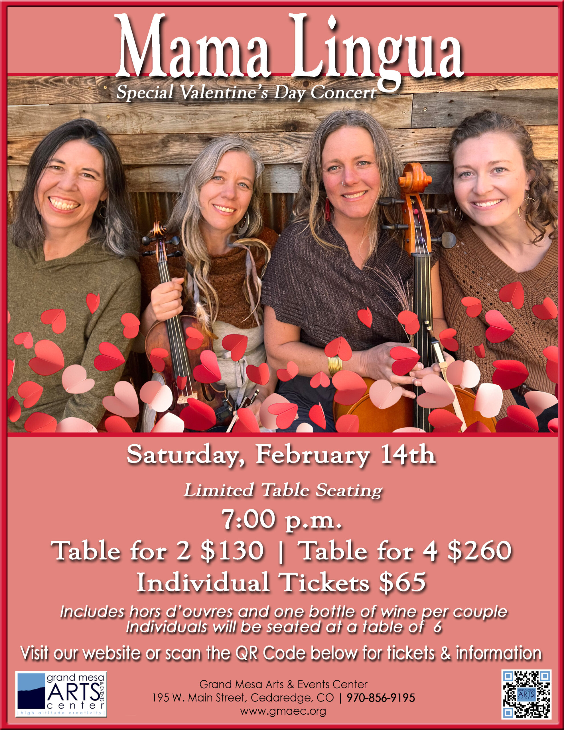 Promotional flyer for Mama Lingua’s Special Valentine’s Day Concert on Saturday, February 14th at 7:00 p.m. The top half features a photo of the four female band members smiling in front of a rustic wooden background, holding a violin and a cello, surrounded by floating red and pink paper hearts. The bottom half contains event details: Table for 2 is $130, Table for 4 is $260, and Individual tickets are $65. Includes hors d’oeuvres and one bottle of wine per couple. Held at Grand Mesa Arts & Events Center, 195 W. Main Street, Cedaredge, CO. Contact 970-856-9195 or visit www.gmaec.org.
