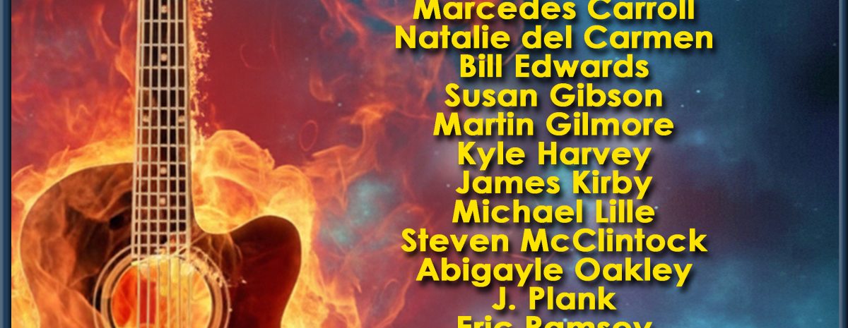 Promotional flyer for the Grand Mesa Songwriter Festival, June 5–7, 2026, in Cedaredge, CO. The background features a galaxy aesthetic with an acoustic guitar engulfed in flames on the left. The text lists Rodney Crowell as the featured artist along with over 20 other performers. Includes the Grand Mesa Arts & Events Center logo, contact info, and a QR code for tickets.