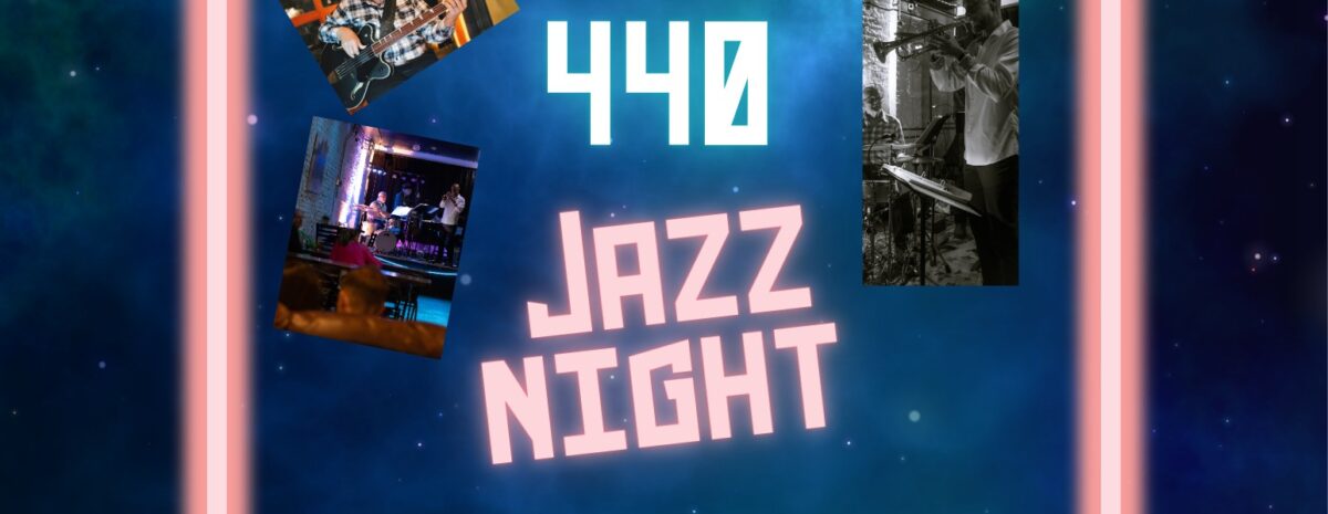 Promotional flyer for "Club 440 Jazz Night" on January 17, 2026, at the Delta Egyptian Theater in Delta, CO. The design features a neon-style frame over a dark blue nebula background. Text indicates the event is presented by the theater and "Mixed Bag Jazz" and includes live music, dancing, a cash bar, and refreshments. Event starts at 6:30 PM with a $15 entry fee. Photos show musicians playing a guitar and a trumpet.