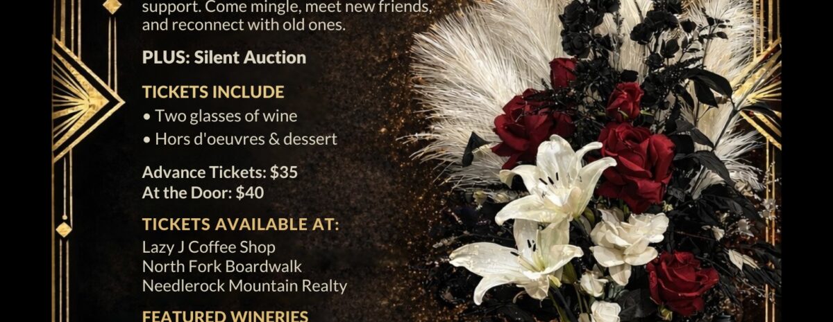 Event flyer for the 2026 4th Annual Wine & Cheese Fundraiser titled "Puttin' On The Ritz." The design features a black background with elegant gold Art Deco borders. A large floral arrangement of white lilies, red roses, and black-and-white feathers sits next to a glass of red wine and a wine bottle. Event Details: Purpose: Benefiting the Crawford Fire Department & Annual Fireworks Fund. Date & Time: Saturday, February 28, 6:00 PM – 8:30 PM. Location: Crawford Town Hall. Tickets: $35 in advance, $40 at the door; includes two glasses of wine, hors d'oeuvres, and dessert. Activities: Silent Auction and wine tasting from Alfred Eames Cellars, Mesa Winds Winery, and Stoney Mesa.