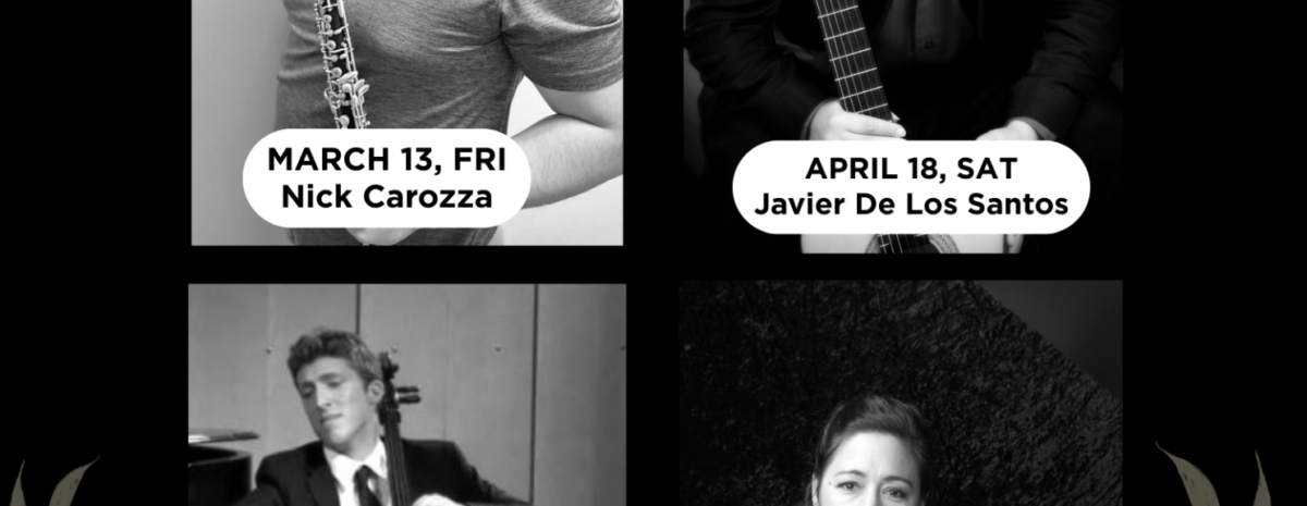 Event flyer for the "Spring Classical Concert Series 2026" at the Blue Sage Center for the Arts. The flyer features four black-and-white portraits of the featured musicians arranged in a grid: Nick Carozza with an oboe (March 13), Javier De Los Santos with a guitar (April 18), Jason Pegis with a cello (May 2), and Susan Ellinger at a piano (May 23). The background is black with elegant gold leaf illustrations on the sides. Text at the bottom states "$60 Season Passes Now On Sale!" next to a QR code for registration.