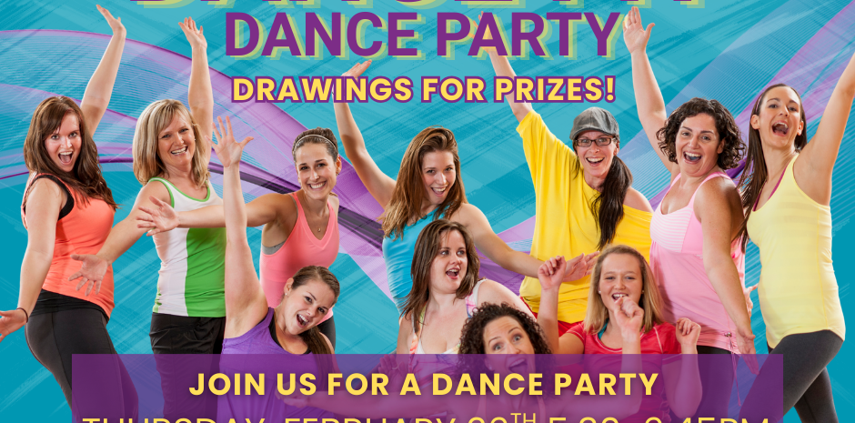 Brightly colored event flyer for "Dance Fit Dance Party" at Bill Heddles Recreation Center. The background is a vibrant teal and purple abstract pattern. A group of ten smiling women in colorful workout gear are posed energetically with their arms raised. Event Details: Title: Dance Fit Dance Party Status: FREE! Date & Time: Thursday, February 26th, 5:30 PM – 6:45 PM. Features: Drawings for prizes! Mention that if you love Zumba, you'll love Dance Fit. Logos: Delta Recreation and City of Delta.