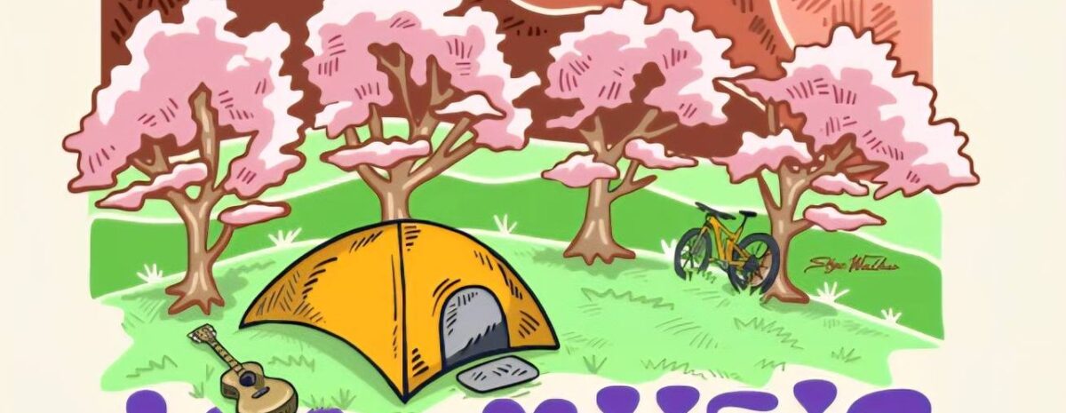 Retro-style festival poster for HESTIVAL, May 1–3, 2026, in Hotchkiss, Colorado. The illustration shows a tent and acoustic guitar in a mountain valley with apple trees, a winding river, and a sunset. Text lists performers Jeremy Garrett Bluegrass Band, Kyle Tuttle, Coffis Brothers, and John Craigie, noting the event is in dedication to public lands.