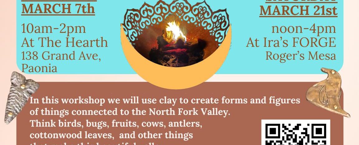 Event flyer for "The Build Guild presents Sand Casting Ceramic Sculptures Into Metal." The top of the flyer features a light blue scalloped box with the title and photos of metal sculptures, including a bird and an antler. The middle section describes the workshop's focus on North Fork Valley themes. Event Details: Dates: Saturday, March 7th (10 am–2 pm at The Hearth, Paonia) and Saturday, March 21st (Noon–4 pm at Ira’s FORGE, Roger’s Mesa). Artists: Ira Houseweart and Ivy Hunter. Pricing: Gift model; $40/day with meal or $25/day for workshop only. Logos: The Build Guild and The Learning Council. Call to Action: Scan QR code or email emily@thelearningcouncil.org for information.