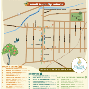 "Illustrated map of the Paonia Creative District in Colorado. The map shows a grid of downtown streets between the North Fork of the Gunnison River and the railroad tracks. Color-coded numbered pins correspond to a directory of local businesses categorized by Food & Drink, Shopping, Fitness, Arts & Entertainment, and Lodging."