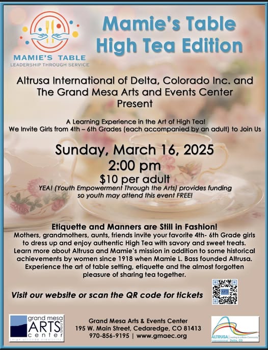 "A high-quality, elegant website thumbnail for a High Tea event. The image features a beautiful vintage porcelain tea cup with pink floral patterns sitting on a matching saucer on a white lace tablecloth. In the background, a tiered stand with small cakes and finger sandwiches is softly blurred. Warm, bright morning sunlight. The text 'Mamie's Table High Tea' is written in a sophisticated blue script at the top, and 'March 16, 2025' is at the bottom in a clean serif font."