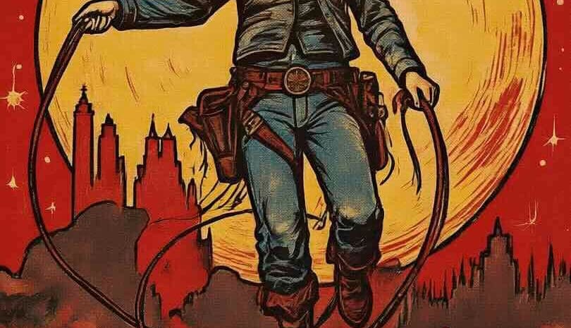 A vibrant, vintage-style graphic illustration for the "Western Heritage: Land & Legacy" exhibition. Visuals: Main Subject: A confident cowgirl stands in the center, wearing a wide-brimmed brown hat, a denim jacket, blue jeans, and a red neckerchief. She is holding a lasso that loops around her feet. Background: A massive, pale yellow full moon dominates the upper half of the image, set against a deep red sky dotted with stylized white stars. Landscape: Silhouetted in the background are jagged red rock formations and mountain peaks under a dark, textured ground. Art Style: The piece features bold black outlines and a warm, high-contrast color palette of red, gold, and denim blue, reminiscent of classic Western poster art.