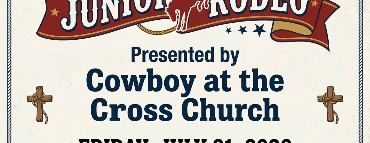 A western-style promotional graphic for the 2026 Delta County Fair Junior Rodeo. Visuals: Background: An off-white, parchment-textured background with a dark, twisted-rope border. Main Heading: "2026 DELTA COUNTY FAIR JUNIOR RODEO" in large, bold, black serif lettering. Center Illustration: A decorative red and gold ribbon banner wraps around a central silhouette of a cowboy riding a bucking horse. Religious Icons: Two small wooden crosses, each wrapped in a piece of twine, flank the central text. Event Information: Presenter: Presented by Cowboy at the Cross Church. Date: Friday, July 31, 2026. Location: Delta County Fairgrounds, Delta, Colorado.