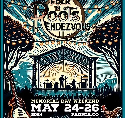 A vibrant, stylized illustration promoting the "Folk 'n Roots Rendezvous" festival in Paonia, Colorado. Visual Composition: Top Section: The event title "Folk 'n Roots Rendezvous" is featured in a circular emblem at the top center, surrounded by decorative string lights that drape across the scene. Central Illustration: A woodcut-style silhouette of a band performing on a covered stage under a rising or setting sun. Dark, leafy trees frame the stage, and the foreground shows a silhouetted crowd of attendees. Foreground Details: A large upright bass is positioned on the bottom left, and a small rooster icon is on the bottom right. Event Information: Dates: Memorial Day Weekend, May 24-26, 2024. Location: Paonia, CO. Color Palette: The image uses a high-contrast palette of teal, cream, orange, and dark brown, giving it a rustic, folk-art aesthetic.