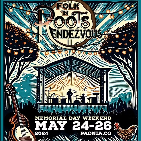 A vibrant, stylized illustration promoting the "Folk 'n Roots Rendezvous" festival in Paonia, Colorado. Visual Composition: Top Section: The event title "Folk 'n Roots Rendezvous" is featured in a circular emblem at the top center, surrounded by decorative string lights that drape across the scene. Central Illustration: A woodcut-style silhouette of a band performing on a covered stage under a rising or setting sun. Dark, leafy trees frame the stage, and the foreground shows a silhouetted crowd of attendees. Foreground Details: A large upright bass is positioned on the bottom left, and a small rooster icon is on the bottom right. Event Information: Dates: Memorial Day Weekend, May 24-26, 2024. Location: Paonia, CO. Color Palette: The image uses a high-contrast palette of teal, cream, orange, and dark brown, giving it a rustic, folk-art aesthetic.