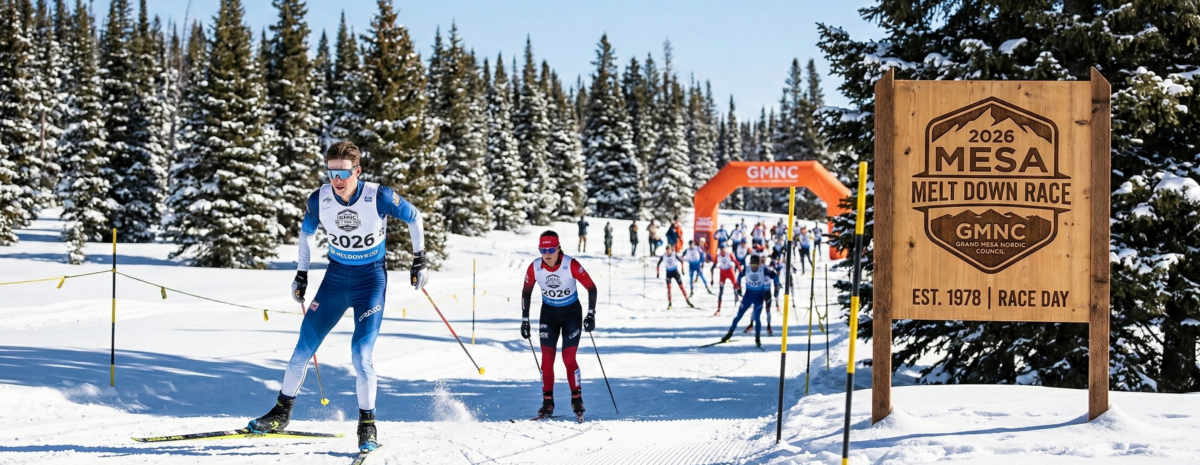 A wide-angle, bright outdoor photo of the 2026 Mesa Melt Down cross-country ski race on Grand Mesa. In the foreground, a male skier in a blue and white racing suit and a female skier in red and black are skate-skiing on a perfectly groomed corduroy snow trail. To the right, a rustic wooden sign features the GMNC logo and reads '2026 Mesa Melt Down Race.' In the background, other racers follow the trail toward an orange finish line arch, all framed by a dense evergreen forest under a clear blue sky. This image was created in part by AI