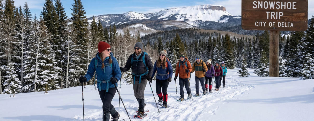 group of hikers snowshoeing in a line with a rustic sign reading Grand Mesa Snow Shoe trip City of Delta This image was generated with the help of AI