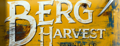 Close-up of the Berg Harvest logo hand-painted on a weathered, yellow vintage truck door. The text "BERG HARVEST PAONIA, CO." is written in a distressed, white and black serif font. A silver metal door handle is visible on the right, and the paint shows natural rust and wear, giving it a rustic, antique look.