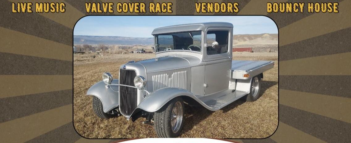 Promotional flyer for the "Delta Street Rodders Car Show" held on July 18, 2026. Visuals: > * Background: A vintage-style brown sunburst pattern with small silhouetted hot rods in the corners. * Center Image: A high-quality photo of a restored silver vintage flatbed truck parked in an open field. * Logos: The "Delta Street Rodders" logo features a checkered flag motif; the "Colorado Pinups" logo is visible at the bottom. Event Details: > * Date & Time: Saturday, July 18, 2026, 9:00 AM to 2:00 PM. * Location: Cleland Park, Delta, CO. * Activities: 20 awards, giveaways, live music, valve cover race, vendors, and a bouncy house. Registration: Register at deltastreetrodders.org; Registration party Friday, July 17 at Sonic in Delta