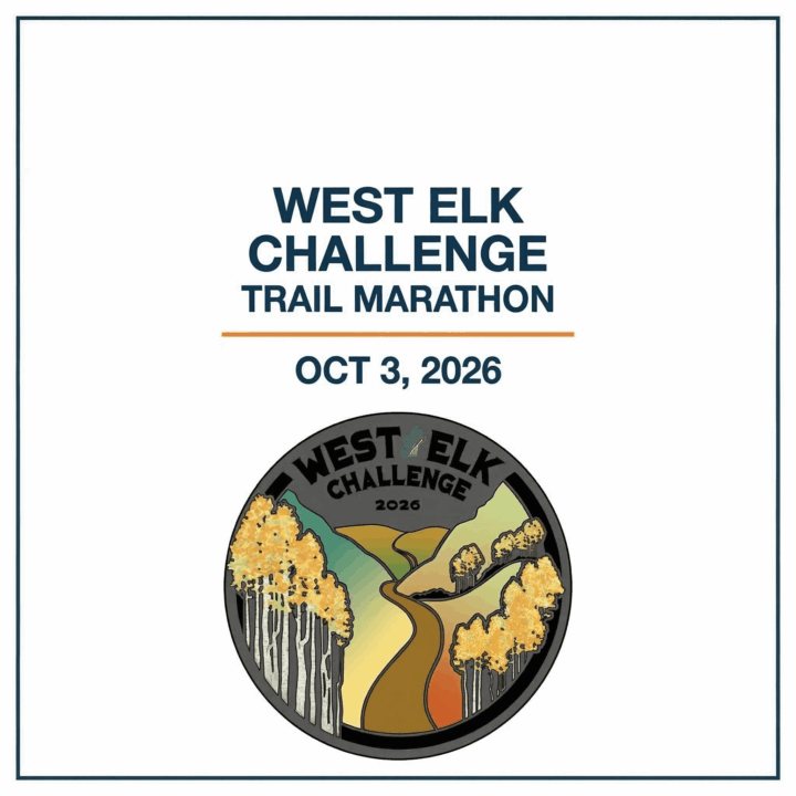 A square promotional graphic for the West Elk Challenge Trail Marathon. Visual Composition: Top Section: The words "WEST ELK CHALLENGE" are centered in a bold, dark blue sans-serif font, with "TRAIL MARATHON" directly underneath in a slightly smaller weight. A thin horizontal orange line separates the title from the date. Middle Section: The date "OCT 3, 2026" is centered in a bold, dark blue font. Bottom Section: The official circular event logo is centered below the text. The logo features a winding brown trail leading through a mountain valley filled with golden aspen trees. At the top of the circular logo, the words "WEST ELK CHALLENGE 2026" are written in a rugged, black font. Border: The entire graphic is enclosed in a thin, dark blue square frame against a clean white background.