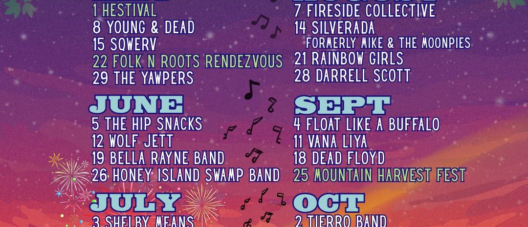 Colorful 2026 Friday Nights Live in the Orchard concert lineup flyer. Lists 24 free shows at Big B's Delicious Orchards from May to October. Includes cafe, bar, and camping info.