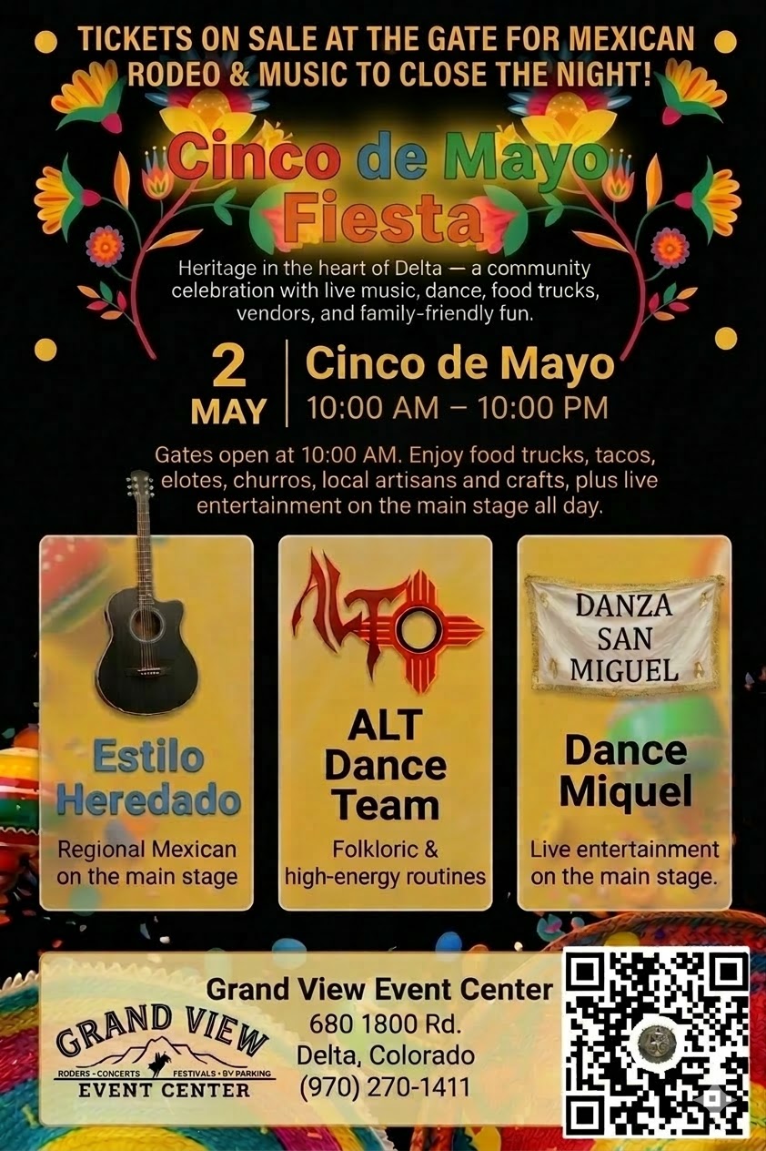 Colorful flyer for Cinco de Mayo Fiesta at Grand View Event Center, May 2. Features Estilo Heredado, ALT Dance Team, and Danza San Miguel. Includes food trucks, crafts, and a Mexican Rodeo.