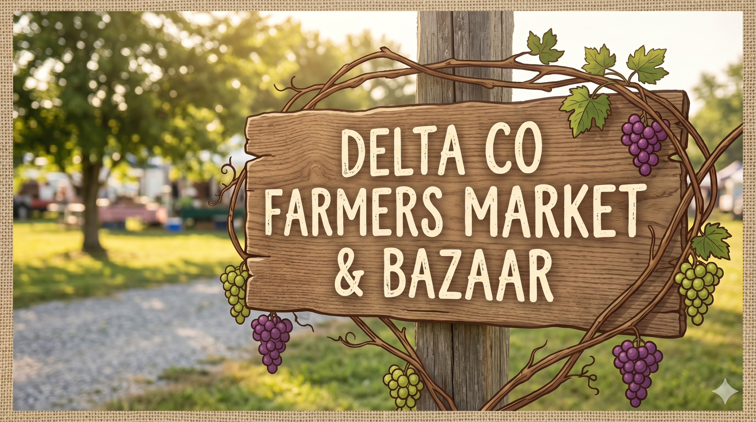 Promotional image for Delta Farmers Market & Bazaar at 2195 Southgate Lane. Lists 2026 hours: Saturdays 8:30-1, Wednesdays June-Aug. Mentions fresh produce, antiques, and local artisans.