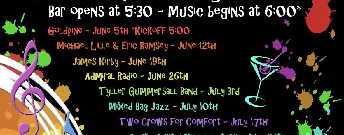 Colorful flyer for GMAEC Outdoor Summer Concert Series. Lists artists for Fridays, June to September. Includes Cristee-Meade sponsor logo and "Bring a Lawn Chair" instruction.