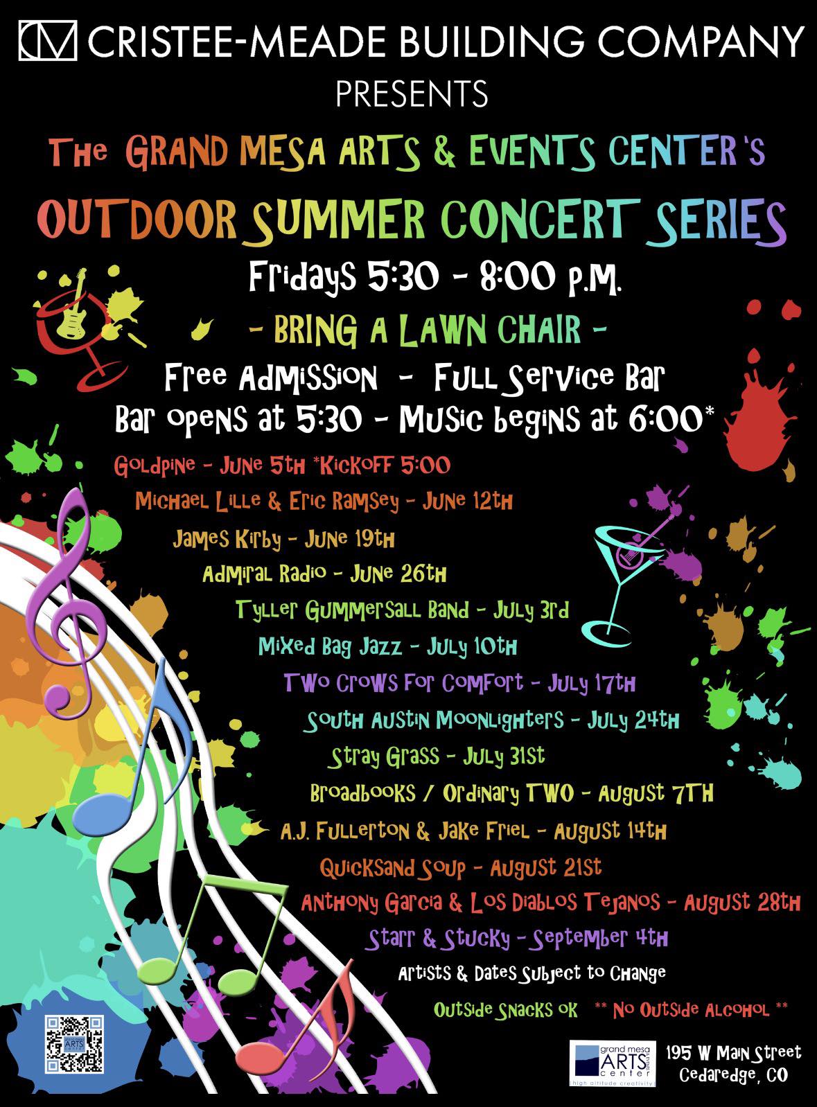 Colorful flyer for GMAEC Outdoor Summer Concert Series. Lists artists for Fridays, June to September. Includes Cristee-Meade sponsor logo and "Bring a Lawn Chair" instruction.