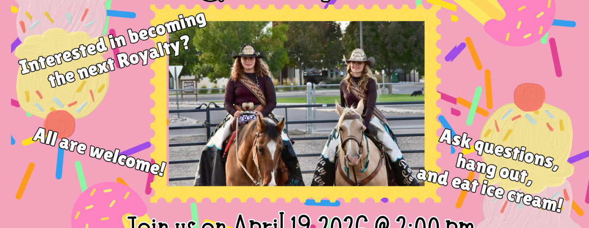 A bright pink promotional flyer for a "Meet & Greet" with the Delta County Fair and Rodeo Queen & Princess. Visual Composition: Background: The flyer features a vibrant pink background covered in a pattern of colorful sprinkles and illustrations of ice cream cones and popsicles. Photography: A central photo framed in a yellow postage-stamp border shows two young women in Western royalty attire—hats, sashes, and chaps—sitting on their horses. Typography: The main title reads "Meet & Greet Your Delta County Fair and Rodeo Queen & Princess" in a white outlined font. Event Details: Text at the bottom invites the public to join on April 19, 2026, at 2:00 PM at Mimi's Sweet Treats, located at 320 Main Street, Delta, Co 81416. Call to Action: Side text asks "Interested in becoming the next Royalty?" and encourages guests to "Ask questions, hang out, and eat ice cream!". Logo: The Delta County Fair & Rodeo seal is in the bottom left corner.