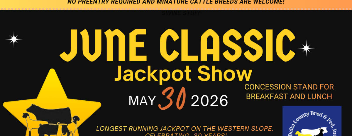 Event flyer for the 30th Anniversary June Classic Jackpot Show on May 30, 2026, in Hotchkiss, CO. Features a black center section with yellow text and a large yellow star containing livestock silhouettes. The top and bottom sections are orange gradients listing detailed weigh-in times, entry fees, and awards including belt buckles and cash prizes for swine, lamb, goat, and beef categories.