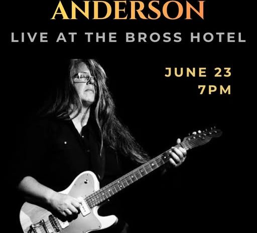 Concert poster for Marisa Anderson at the Bross Hotel. Black and white photo of Marisa playing electric guitar. June 23 at 7 PM.