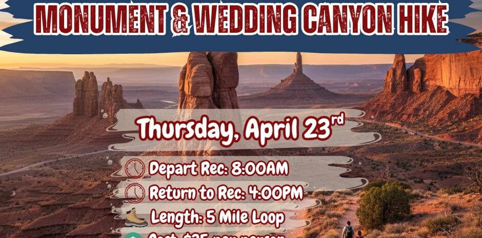 A promotional flyer for the "Monument & Wedding Canyon Hike" organized by Delta Recreation. Visual Composition: Background: A wide-angle sunset view of the Colorado National Monument, featuring red rock towers and deep canyons under a warm orange and purple sky. Foreground: Two hikers with backpacks are seen walking down a dirt trail in the lower right corner. Information: Large white and red text at the top reads "MONUMENT & WEDDING CANYON HIKE". A translucent grey box in the center lists the date as Thursday, April 23rd, with icons for departure time (8:00 AM), return time (4:00 PM), length (5 Mile Loop), and cost ($35 per person). Logos: The Delta Recreation and City of Delta logos are in the bottom right corner, with contact information for Robin@cityofdelta.net at the bottom.