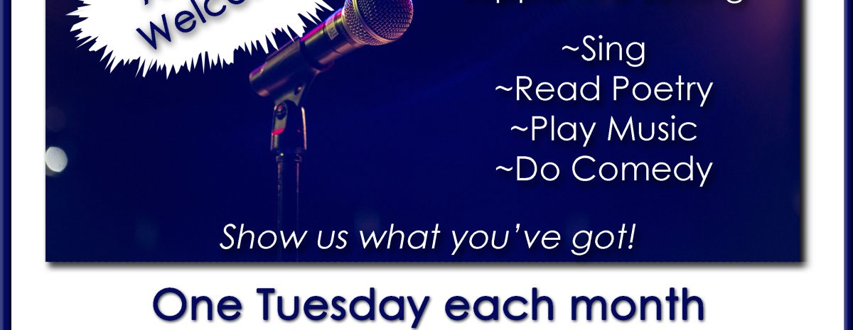 Live at 5:55 Open Mic Night flyer by CropWorx & GMAEC. Features a microphone on stage. Monthly Tuesdays, 5:55-8pm. Suggested $5 donation. Sign-ups at 5:30. Beer, wine, and snacks available.