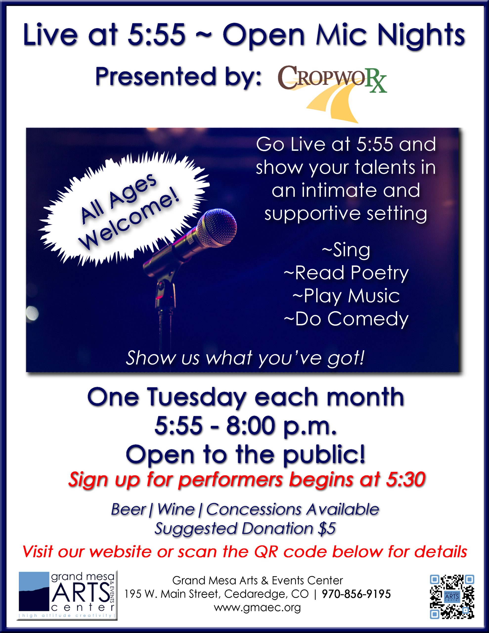 Live at 5:55 Open Mic Night flyer by CropWorx & GMAEC. Features a microphone on stage. Monthly Tuesdays, 5:55-8pm. Suggested $5 donation. Sign-ups at 5:30. Beer, wine, and snacks available.