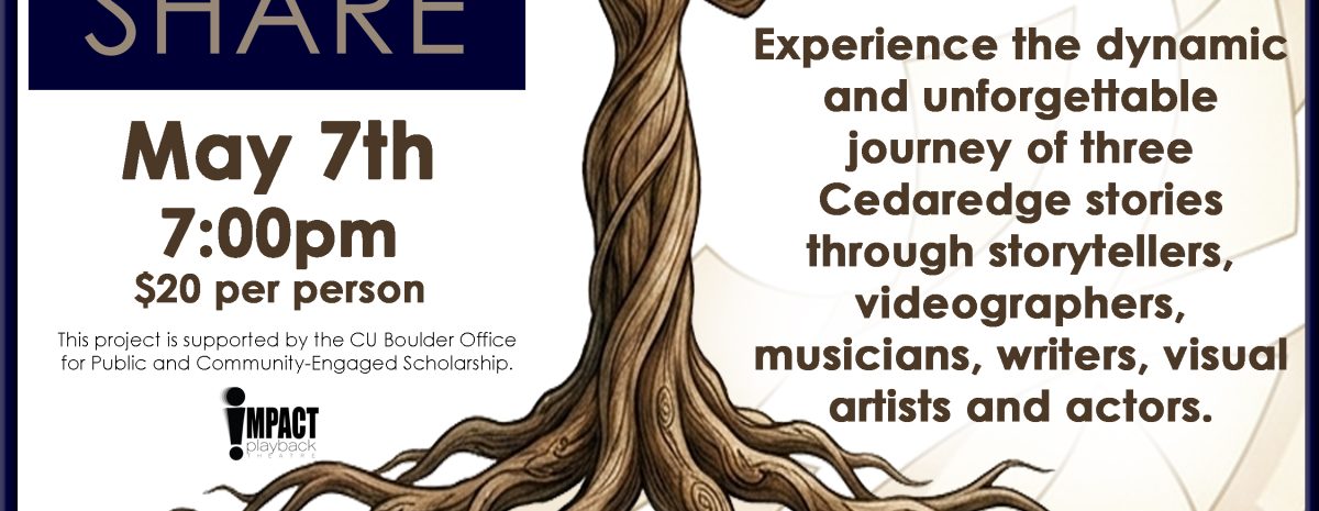 Flyer for Grand Mesa Story Share, May 7th, 7pm at GMAEC. Illustration of a woman as a tree holding an open book with glowing icons. Multidisciplinary journey of 3 local stories. $20.