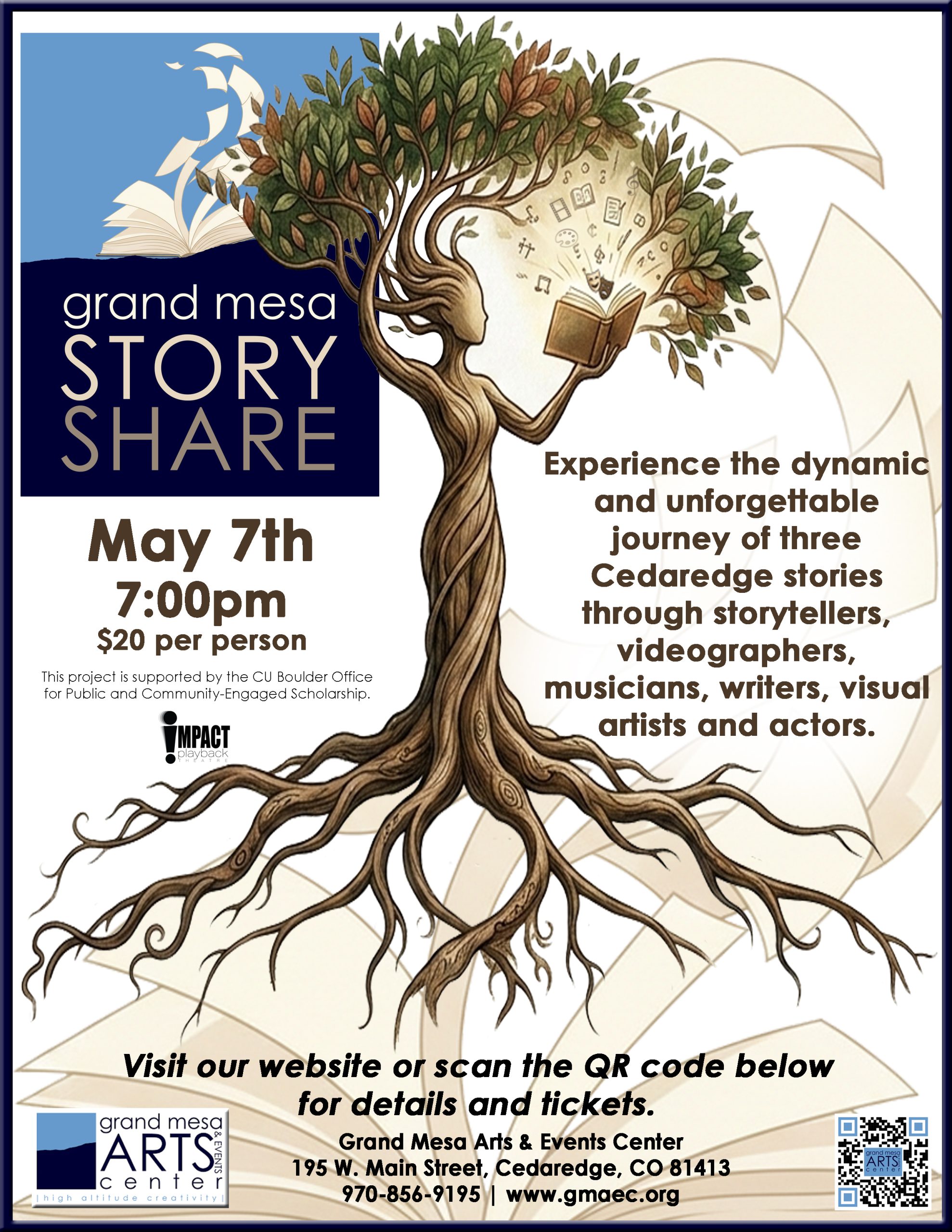 Flyer for Grand Mesa Story Share, May 7th, 7pm at GMAEC. Illustration of a woman as a tree holding an open book with glowing icons. Multidisciplinary journey of 3 local stories. $20.