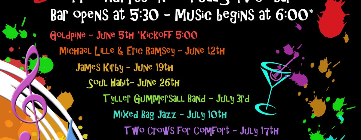 Colorful flyer for GMAEC's Outdoor Summer Concert Series on Fridays, 5:30 to 8 PM at 195 W Main Street, Cedaredge. Lists the full live music lineup from June 5th to September 4th.