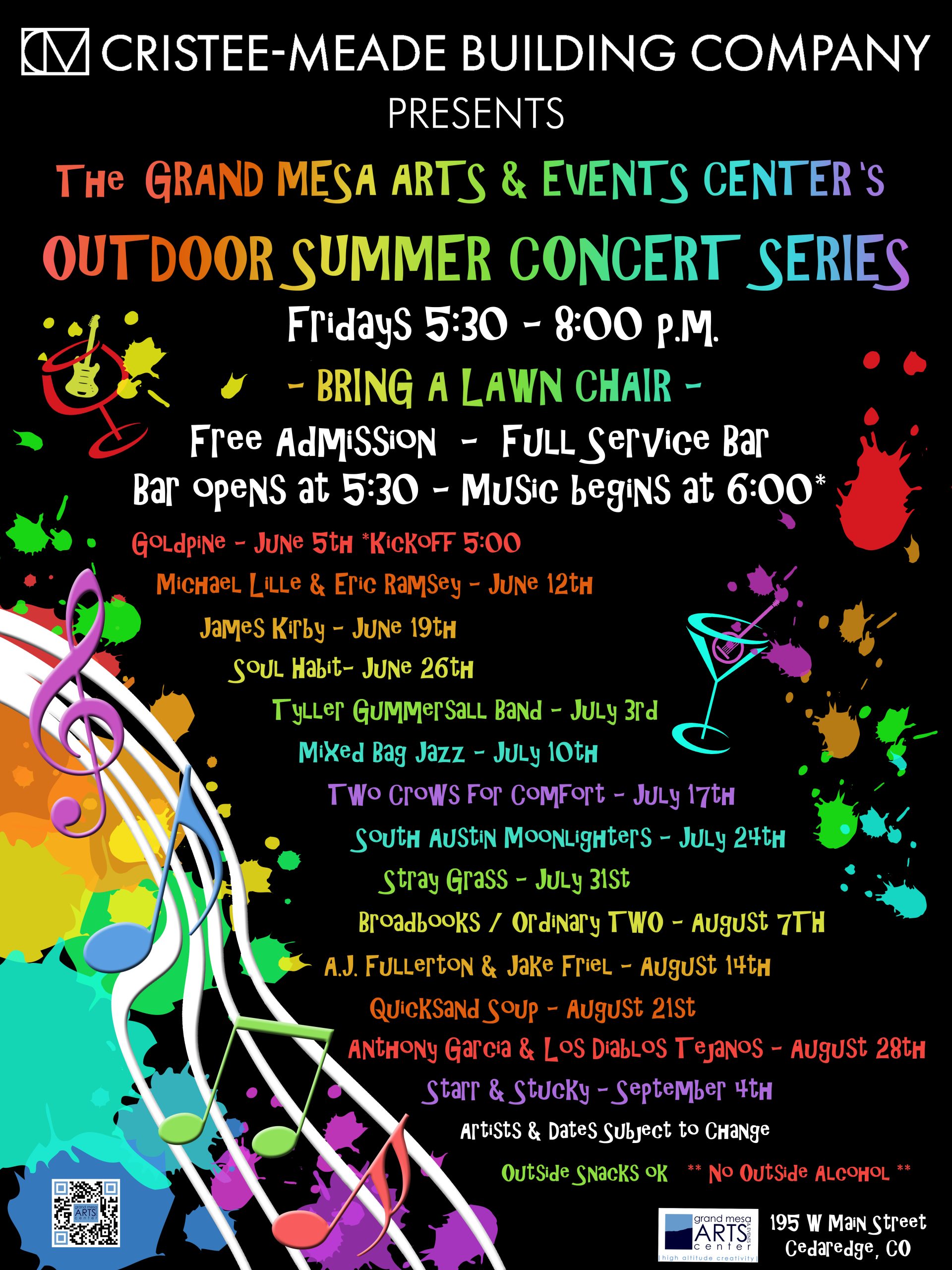 Colorful flyer for GMAEC's Outdoor Summer Concert Series on Fridays, 5:30 to 8 PM at 195 W Main Street, Cedaredge. Lists the full live music lineup from June 5th to September 4th.