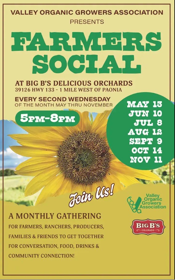 Promotional flier fopr VOGA Farmers Socials at Big B's Orchard with a sunflower on a yellow background