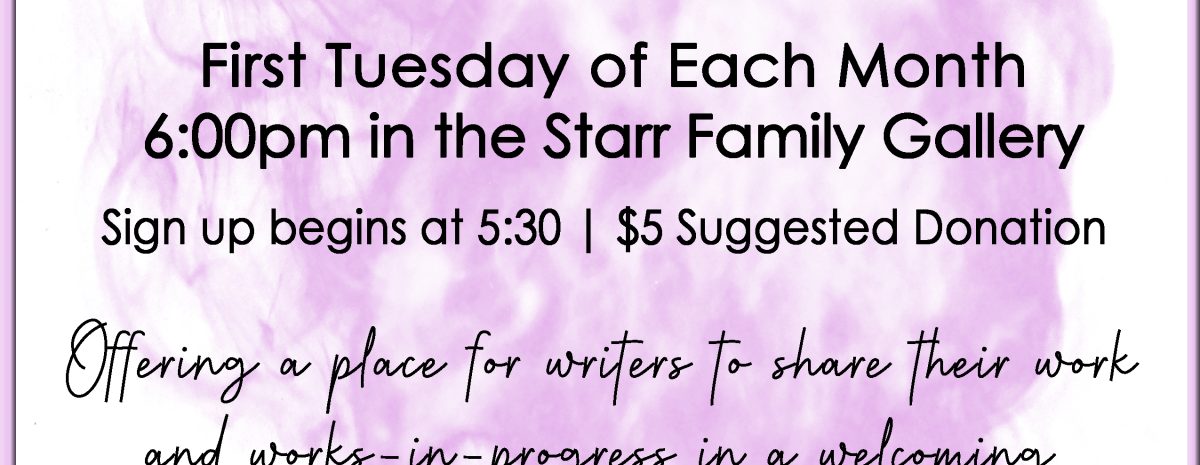 Spoken word flyer for "When Words Become Breath" hosted by Rene’ Janiece. Purple smoky background. First Tuesdays at 6pm, Starr Family Gallery, Cedaredge. $5 donation. Includes GMAEC logo and QR code.