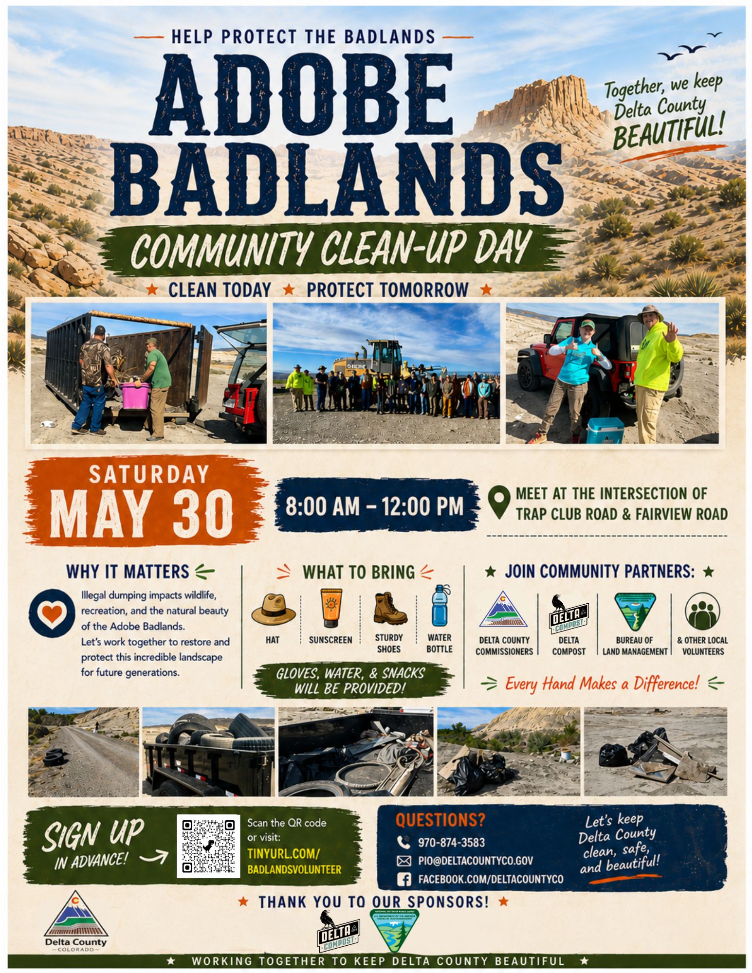 Event flyer for Adobe Badlands Community Clean-Up Day on Saturday, May 30, 8 AM to 12 PM. Features photos of volunteers, dumpsters, and tires being removed from a desert landscape.