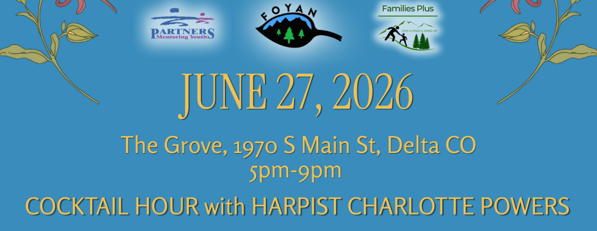 Gala flyer for June 27, 2026, from 5-9pm at The Grove, Delta. Features gold text on a blue background with floral borders. Mentions pasta dinner, live music, silent auction, and ticket prices.