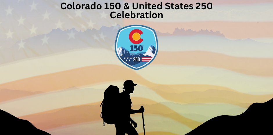 Graphic celebrating America 250 and Colorado 150. Lists library events including Pioneer Storytime, Science Saturdays, Community Sing, and a Community Quilt project.