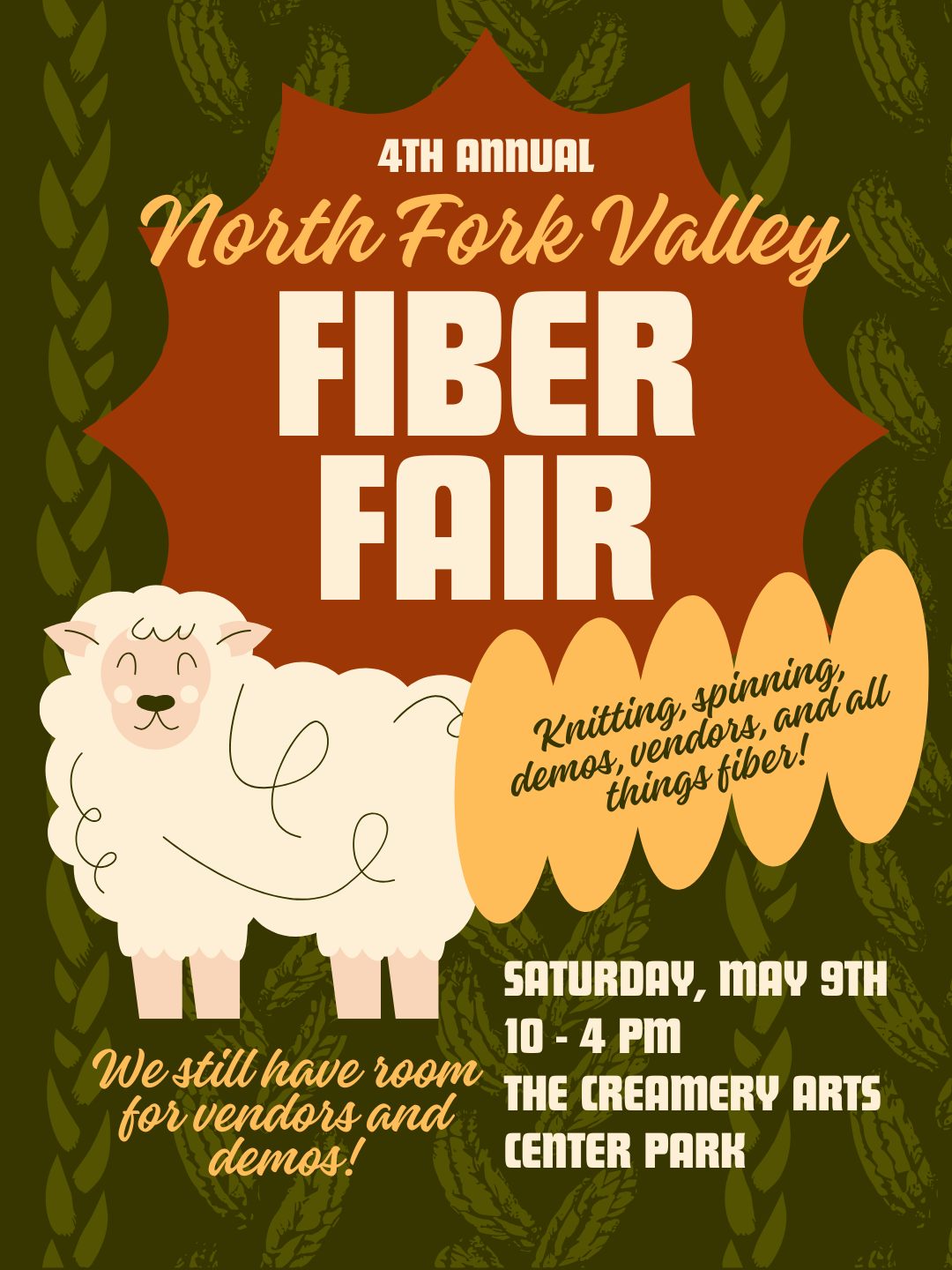 Flyer for the 4th Annual North Fork Valley Fiber Fair. Features a cute illustrated sheep on a green background. Saturday, May 9th, 10am-4pm at The Creamery Arts Center Park.