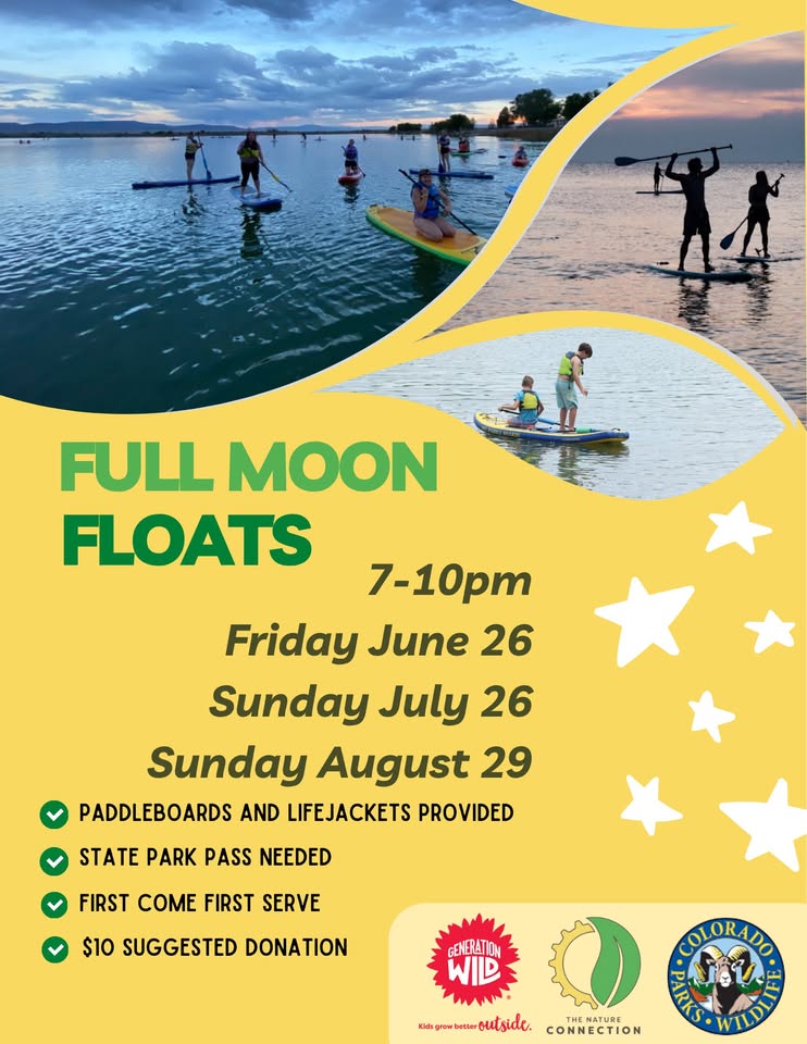 lyer for Full Moon Floats series from 7-10 PM on June 26, July 26, and August 29. Features photos of people paddleboarding at sunset and dusk. $10 suggested donation; gear provided.